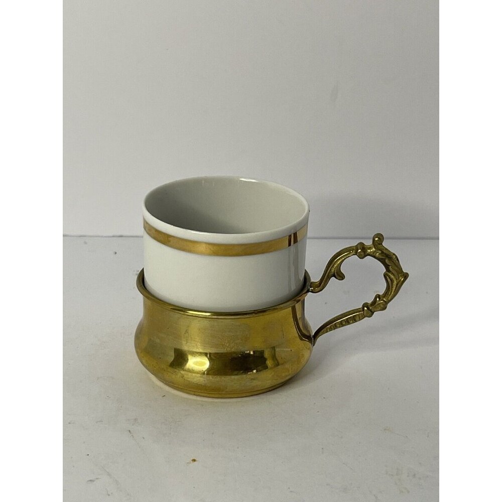 Vintage Monopoli Italian Demitasse Porcelain & Metal Cup Holder Gold Rim Set 2